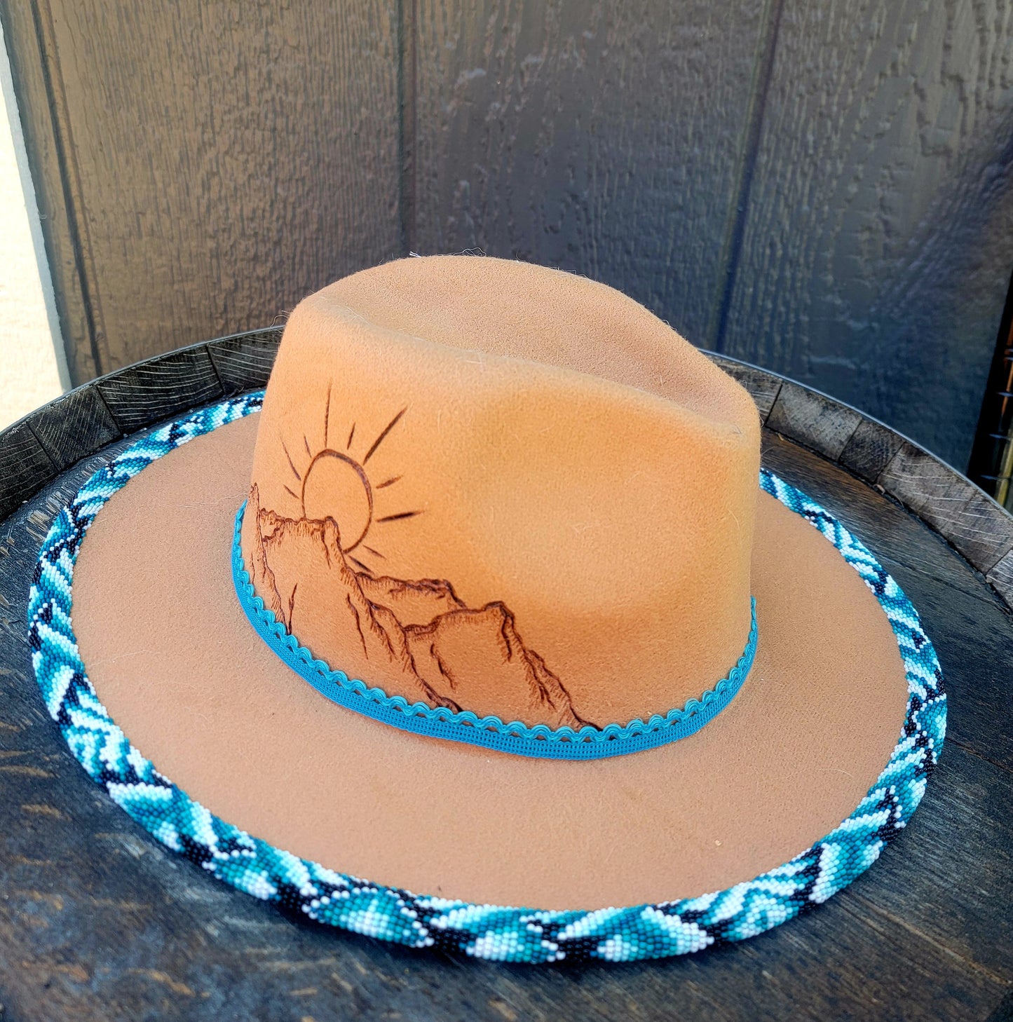 Excited to share my latest finished beaded hat. 
Take me to the mountains! 
Handbeaded brim with approximately 20 hours of beading. 😍🤩
Teal / blues but available in any custom ordered colors. 
$200.00 plus shipping 
Hat and matching earrings $240.00

#f