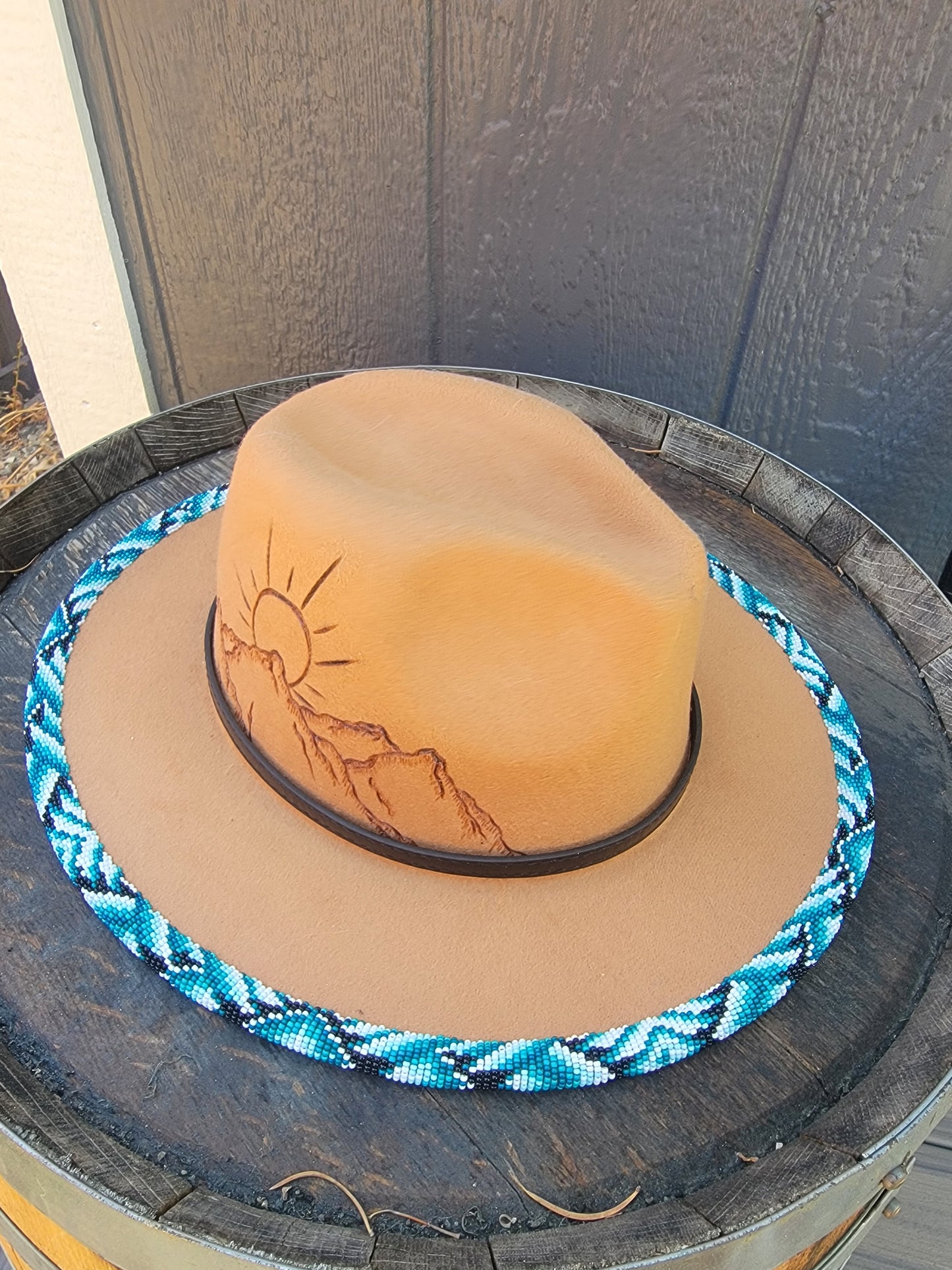 Excited to share my latest finished beaded hat. 
Take me to the mountains! 
Handbeaded brim with approximately 20 hours of beading. 😍🤩
Teal / blues but available in any custom ordered colors. 
$200.00 plus shipping 
Hat and matching earrings $240.00

#f