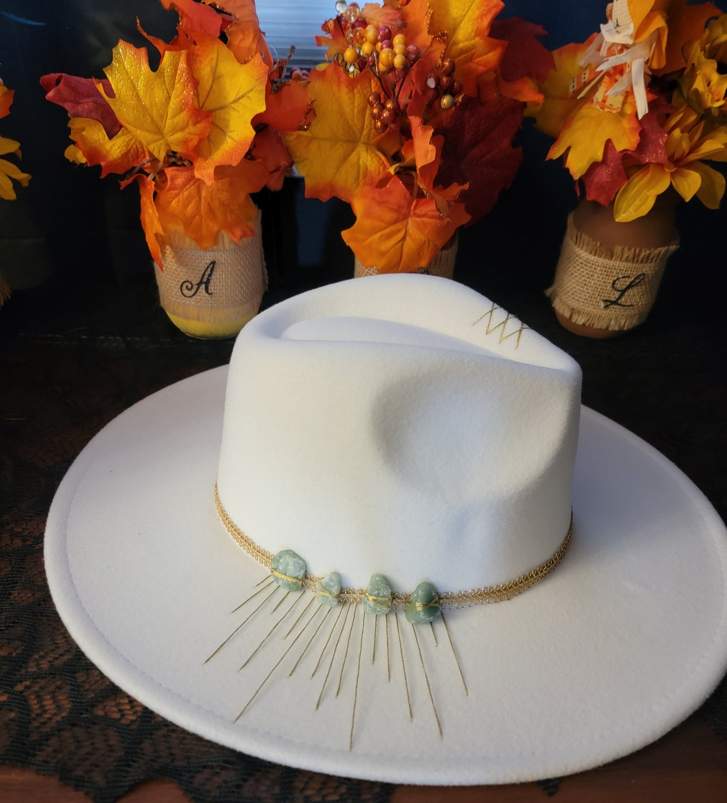 White fedora green aventurine crystals