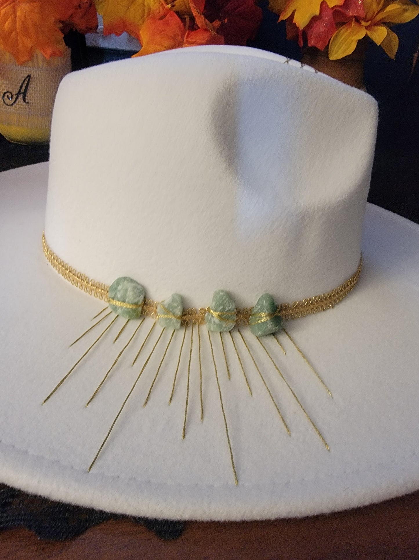 White fedora green aventurine crystals