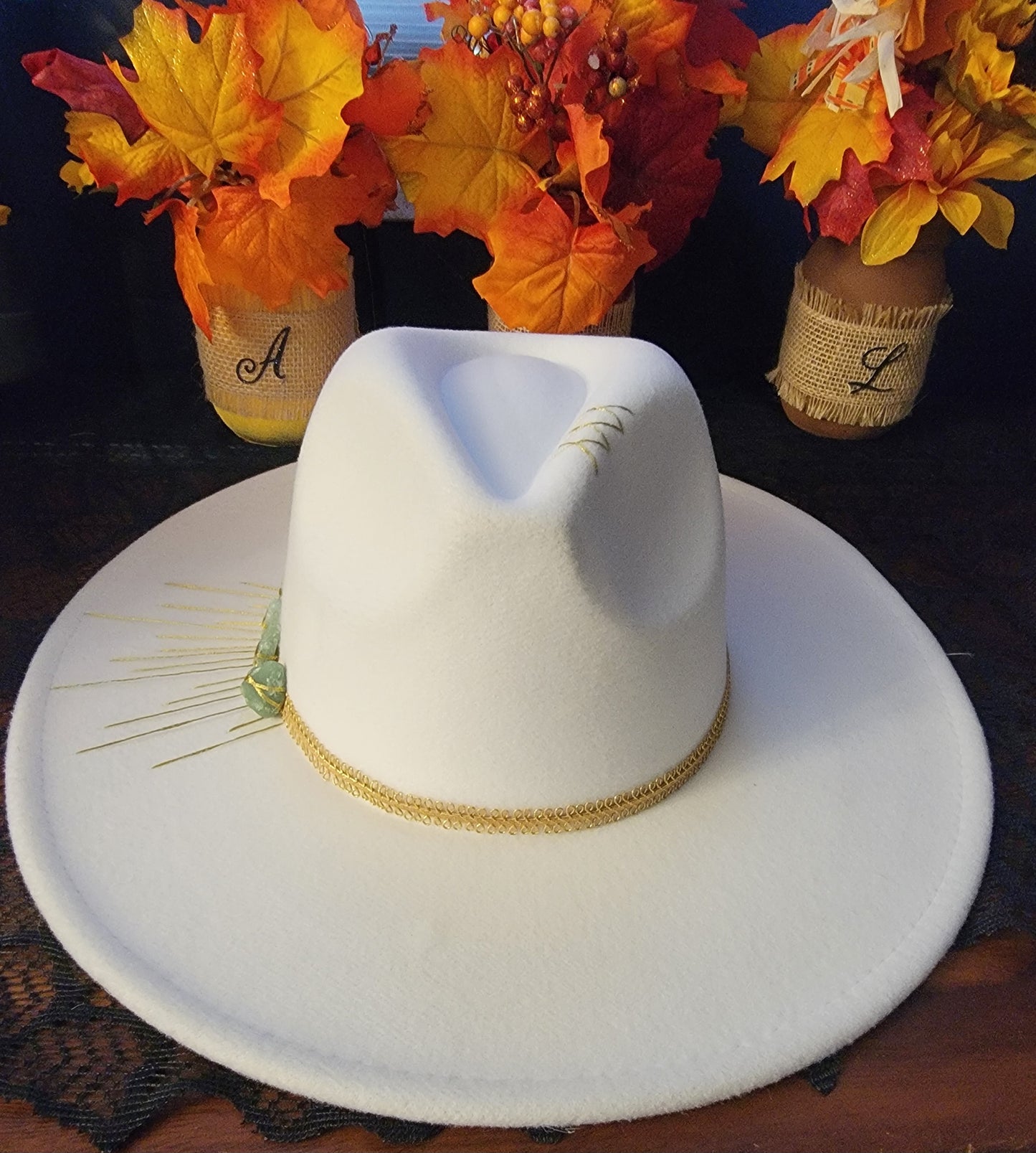 White fedora green aventurine crystals