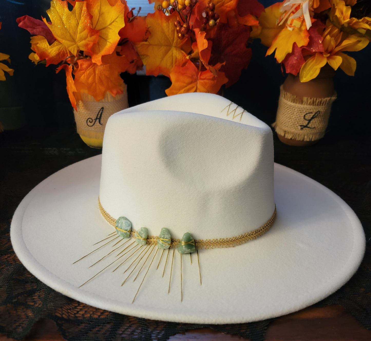 White fedora green aventurine crystals