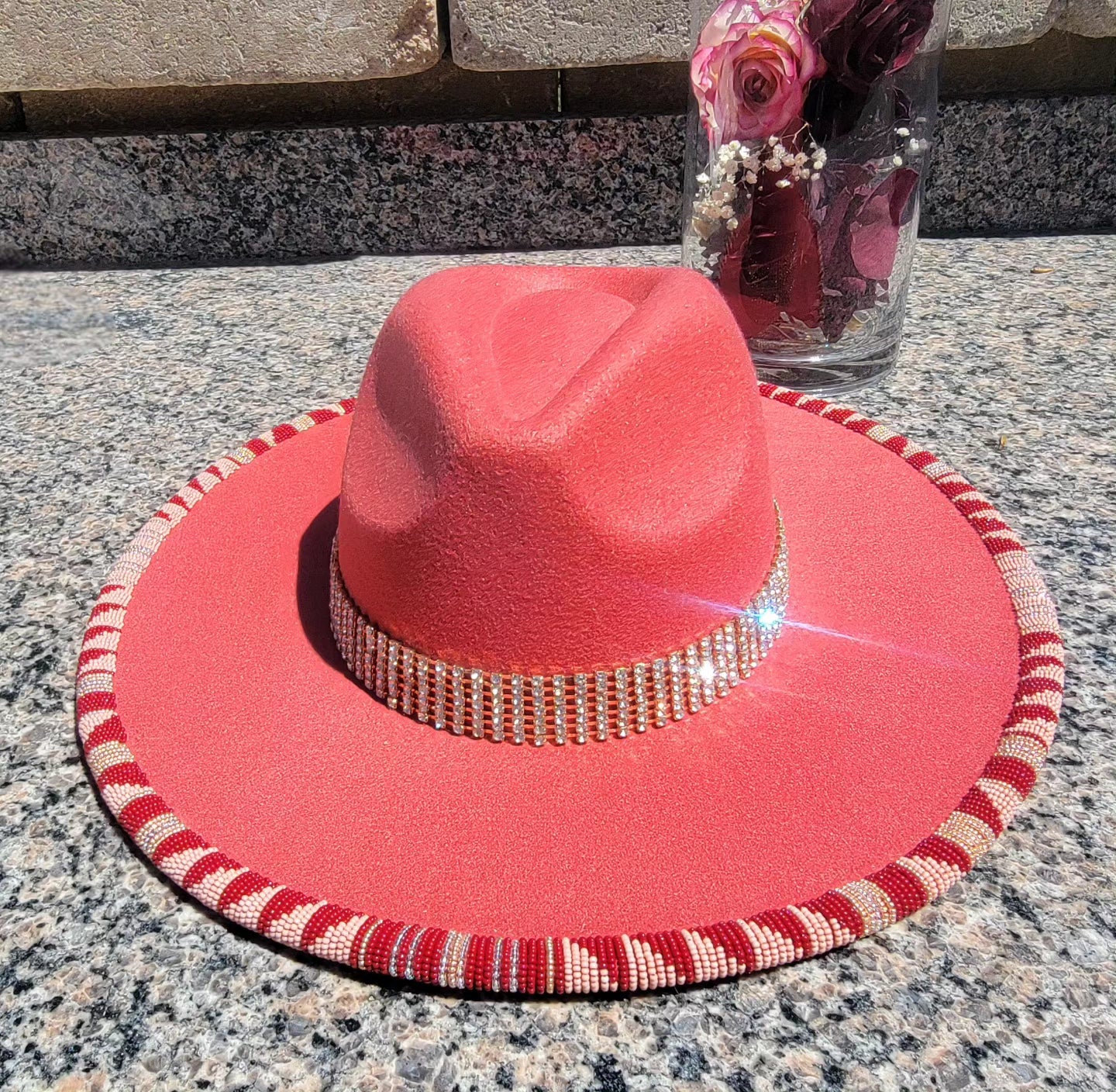 Dark Rose hand beaded brim