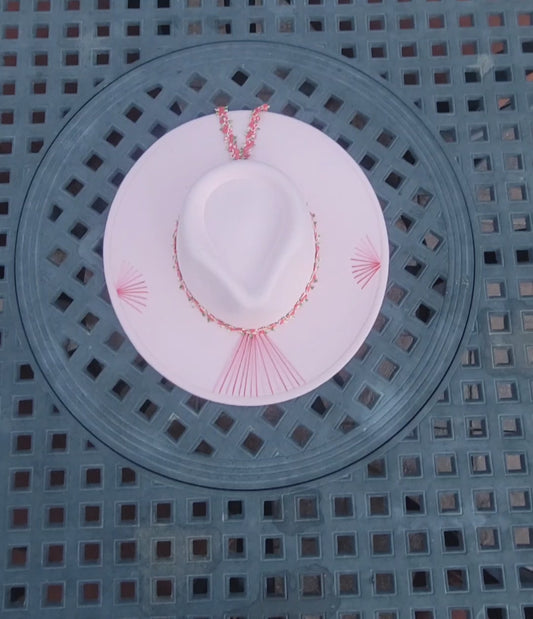 Pretty in Pink. 🩷 
Pink fedora hand embroidered with pink highlights. Pink floral band with butterfly pin accent on the back. 
$100. This would also make a cute mommy and mini set! #prettyinpink #pinkfedora #handembroideredfedora #pinkfedora