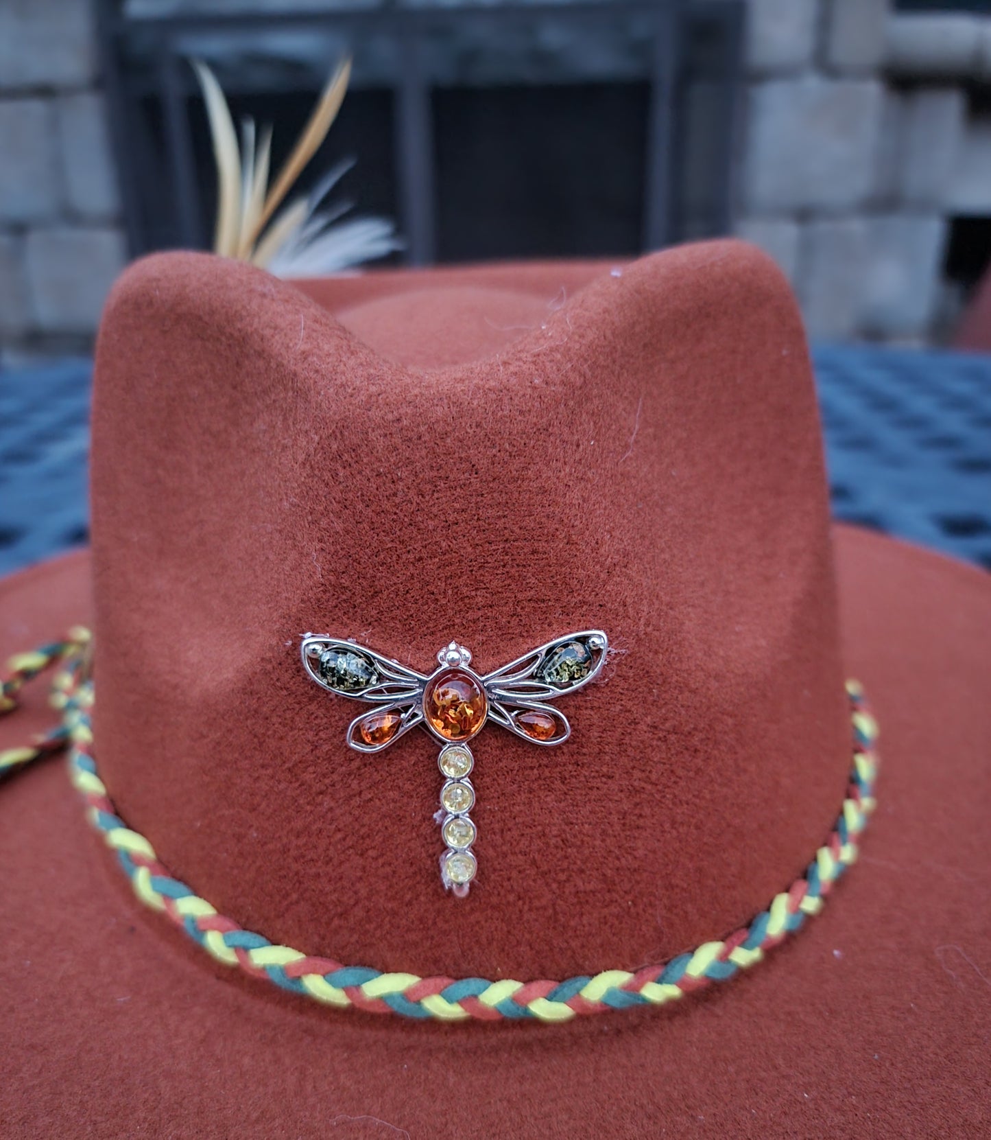 Rust colored Fedora with Dragonfly crystal