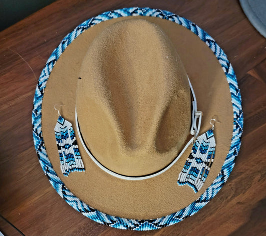 Excited to share my latest finished beaded hat. 
Take me to the mountains! 
Handbeaded brim with approximately 20 hours of beading. 😍🤩
Teal / blues but available in any custom ordered colors. 
$200.00 plus shipping 
Hat and matching earrings $240.00

#f