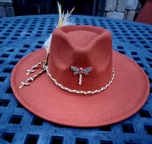 Rust colored Fedora with Dragonfly crystal