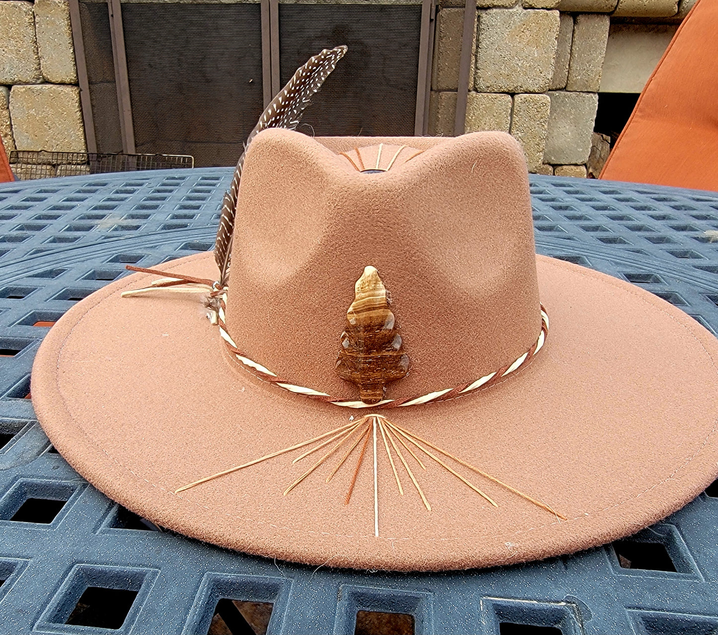 Hand Embroidmdered Fedora wuth natural Stone Accent