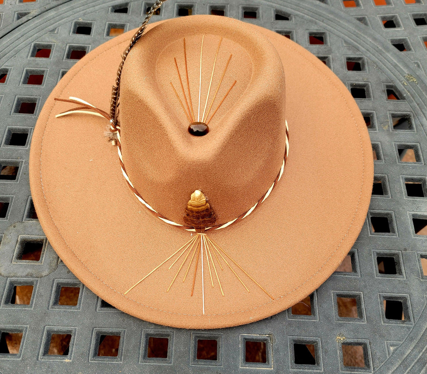 Hand Embroidmdered Fedora wuth natural Stone Accent