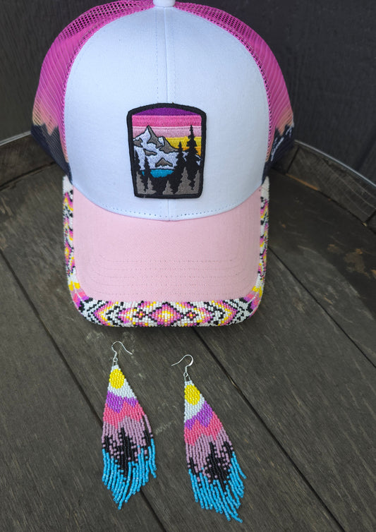 Painted Peaks Beaded Ballcap Brim and Matching Earrings