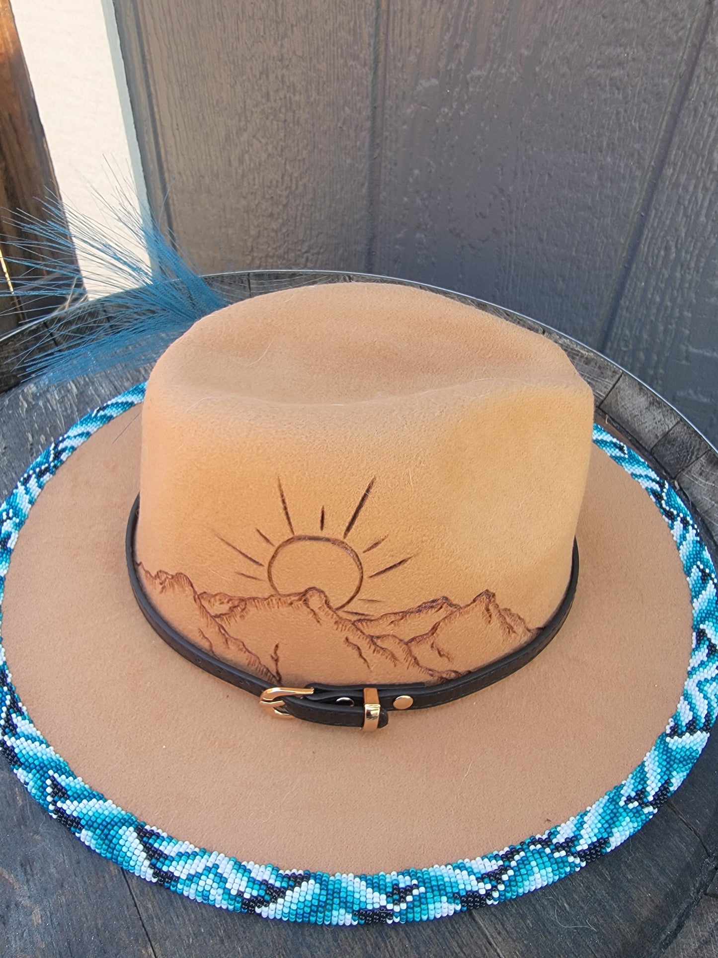 Excited to share my latest finished beaded hat. 
Take me to the mountains! 
Handbeaded brim with approximately 20 hours of beading. 😍🤩
Teal / blues but available in any custom ordered colors. 
$200.00 plus shipping 
Hat and matching earrings $240.00

#f